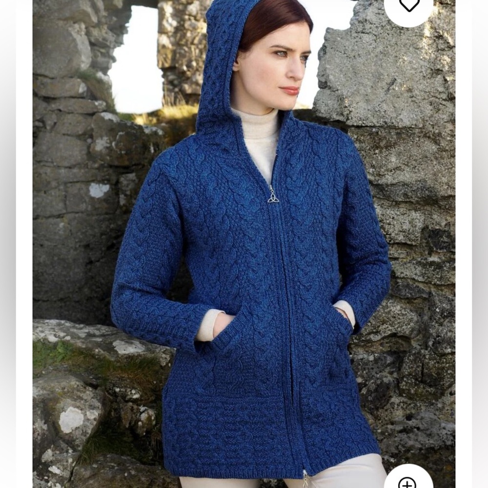 NWT ARAN KNIT FISHERMAN Women's Hooded Cable Knit Zip Cardigan Sweater - Blue